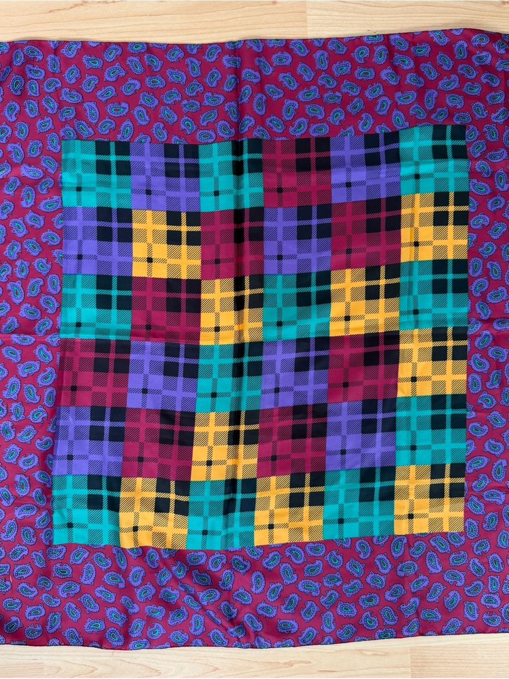 VTG TOTES Vibrant Plaid With Paisley Scarf in Teal, Purple, Yellow, and Magenta